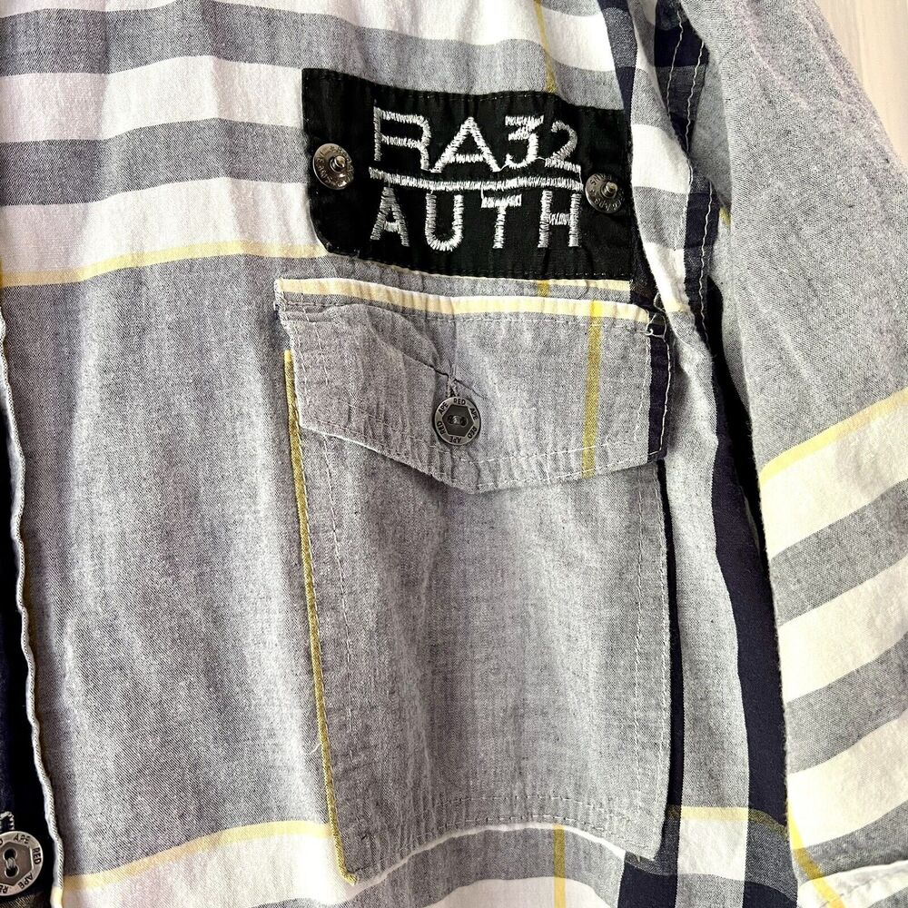 Y2K Red Ape Shirt Mens Medium Short Sleeve Button Up Blue Plaid Logo Urban Wear - Picture 6 of 13